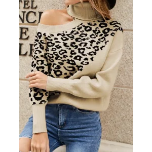 Pull Col Haut Léopard Beige